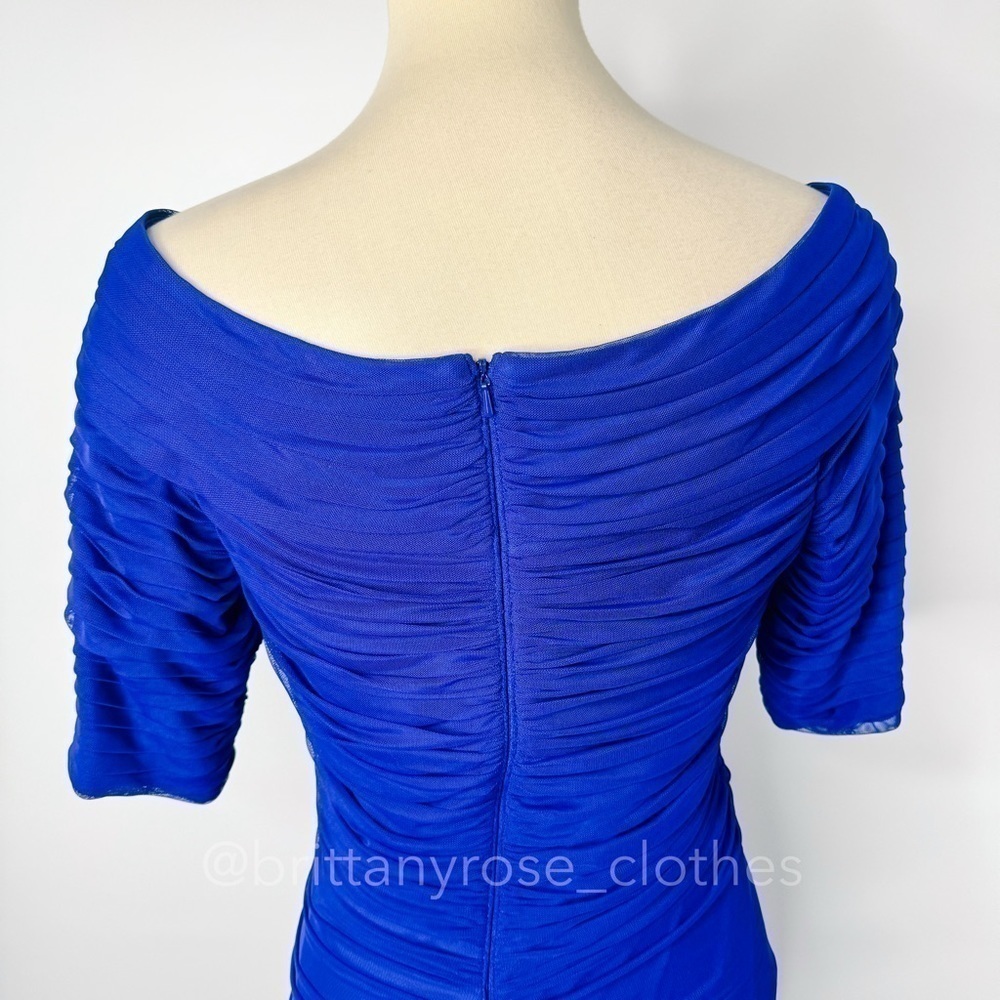 TADASHI SHOJI Asymmetrical Ruched Mesh Evening Formal Gown in Lake Blue - Picture 4 of 8